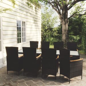 9 Piece Outdoor Dining Set with Cushions Poly Rattan Black