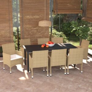 9 Piece Garden Dining Set with Cushions Poly Rattan Beige