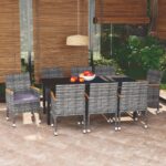 9 Piece Garden Dining Set with Cushions Poly Rattan Grey