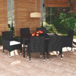 7 Piece Garden Dining Set with Cushions Poly Rattan Black