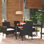 5 Piece Garden Dining Set with Cushions Poly Rattan Black