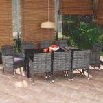 9 Piece Garden Dining Set with Cushions Poly Rattan Grey