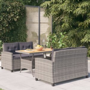 3 Piece Garden Dining Set with Grey Cushions Poly Rattan