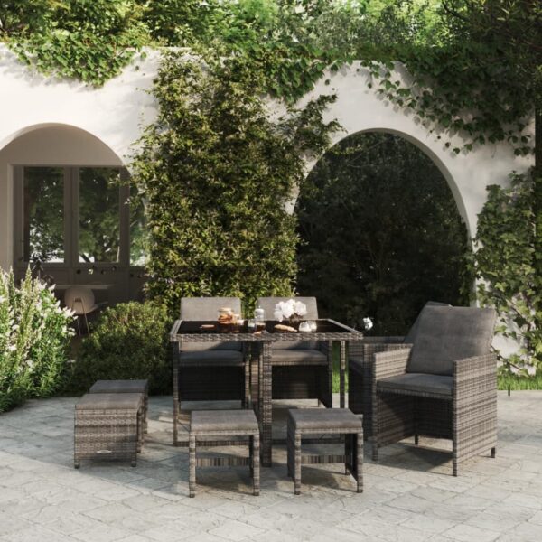 9 Piece Garden Dining Set with Cushions Poly Rattan Grey