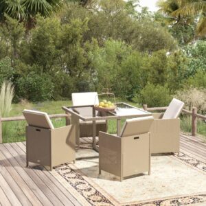 5 Piece Garden Dining Set with Cushions Poly Rattan Beige