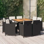 9 Piece Garden Dining Set with Cushions Poly Rattan Black