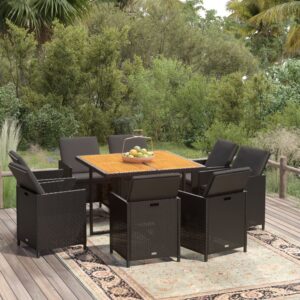 9 Piece Garden Dining Set with Cushions Poly Rattan Black