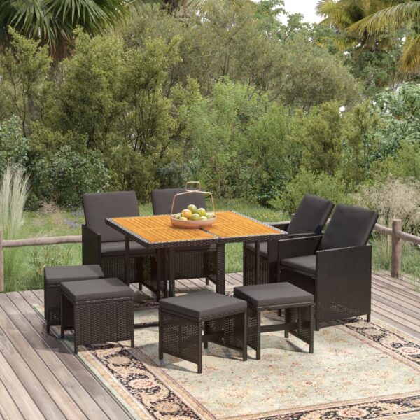 9 Piece Garden Dining Set with Cushions Poly Rattan Black