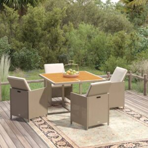 5 Piece Garden Dining Set with Cushions Poly Rattan Beige