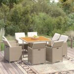 9 Piece Garden Dining Set with Cushions Poly Rattan Beige