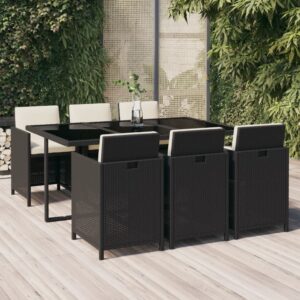 7 Piece Garden Dining Set with Cushions Poly Rattan Black