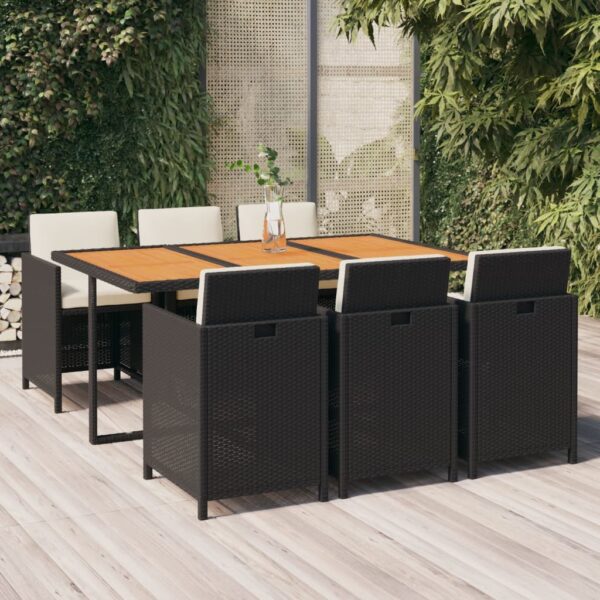 7 Piece Garden Dining Set with Cushions Poly Rattan Black