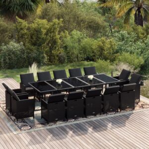 15 Piece Garden Dining Set with Cushions Poly Rattan Black