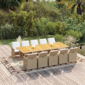 11 Piece Garden Dining Set with Cushions Poly Rattan Beige