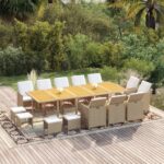 15 Piece Garden Dining Set with Cushions Poly Rattan Beige