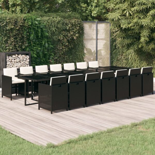 15 Piece Garden Dining Set with Cushions Poly Rattan Black