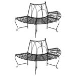 Outdoor Garden Patio Half Round Tree Bench Wrap-Around Black Steel Seating Pair