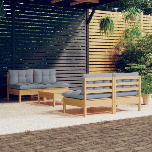 5 Piece Garden Lounge Set with Grey Cushions Pinewood