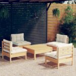 5 Piece Garden Lounge Set with Cream Cushions Pinewood