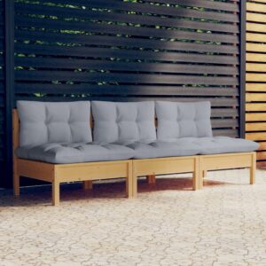 3-Seater Garden Sofa with Grey Cushions Solid Pinewood