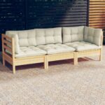 Outdoor Patio Sofa Set Solid Wood Garden Furniture Cream Cushions Comfort