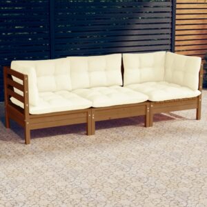 3-Seater Garden Sofa with Cream Cushions Solid Pinewood