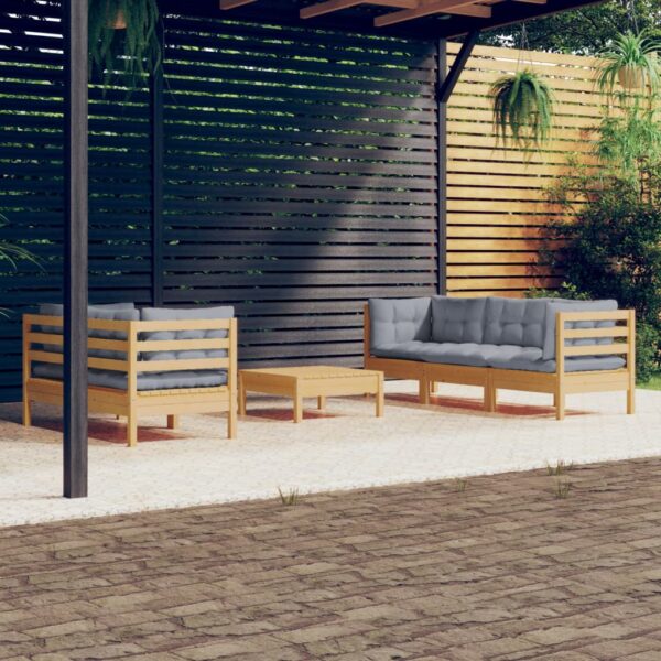 6 Piece Garden Lounge Set with Grey Cushions Pinewood