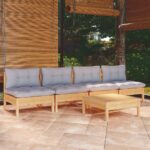 5 Piece Garden Lounge Set with Grey Cushions Pinewood