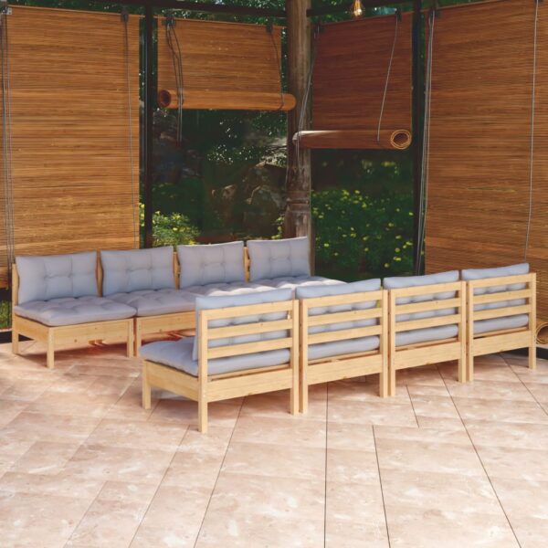 9 Piece Garden Lounge Set with Grey Cushions Solid Pinewood