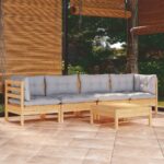 5 Piece Garden Lounge Set with Grey Cushions Solid Pinewood