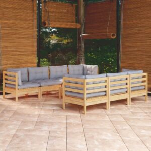 8 Piece Garden Lounge Set with Grey Cushions Solid Pinewood