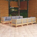 9 Piece Garden Lounge Set with Grey Cushions Solid Pinewood