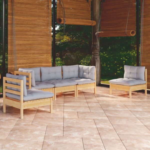 5 Piece Garden Lounge Set with Grey Cushions Solid Pinewood