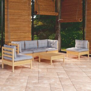 6 Piece Garden Lounge Set with Grey Cushions Solid Pinewood