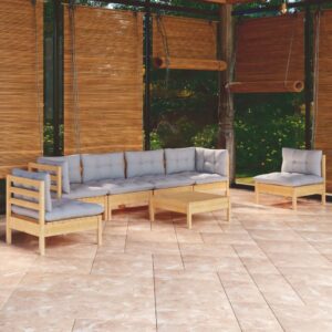 7 Piece Garden Lounge Set with Grey Cushions Solid Pinewood