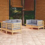 6 Piece Garden Lounge Set with Grey Cushions Solid Pinewood