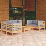 7 Piece Garden Lounge Set with Grey Cushions Solid Pinewood