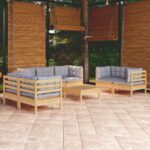 8 Piece Garden Lounge Set with Grey Cushions Solid Pinewood