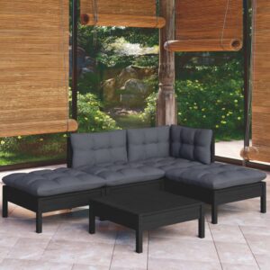 5 Piece Garden Lounge Set with Cushions Black Pinewood