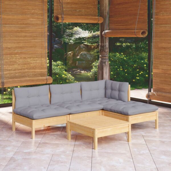 5 Piece Garden Lounge Set with Grey Cushions Pinewood