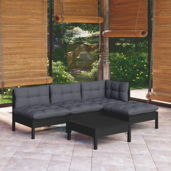 5 Piece Garden Lounge Set with Cushions Black Pinewood