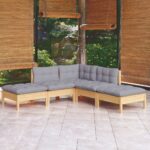 5 Piece Garden Lounge Set with Grey Cushions Pinewood