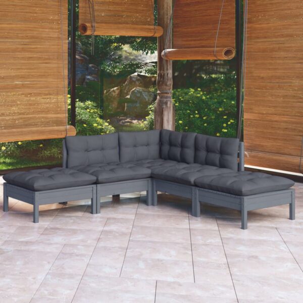 5 Piece Garden Lounge Set with Cushions Grey Pinewood