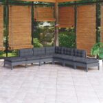 7 Piece Garden Lounge Set with Cushions Grey Pinewood