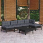 6 Piece Garden Lounge Set with Cushions Black Pinewood