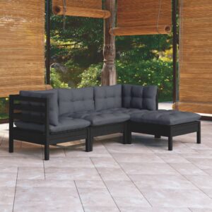 4 Piece Garden Lounge Set with Cushions Black Pinewood