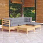 5 Piece Garden Lounge Set with Grey Cushions Pinewood