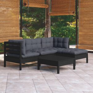 5 Piece Garden Lounge Set with Cushions Black Pinewood