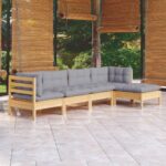 5 Piece Garden Lounge Set with Grey Cushions Pinewood