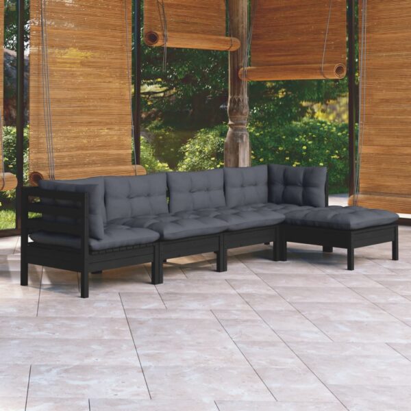 5 Piece Garden Lounge Set with Cushions Black Pinewood